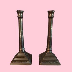 Antique 1800's Federal Bell Metal Column Pyramid Beehive Pair of Candlesticks